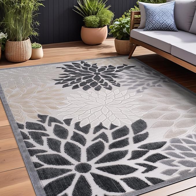 Beverly Rug Outdoor Rug 10x14 Large Modern Floral Tropical Area Rugs for Indoor and Outdoor Patio Easy to Clean Non Shedding Living Room Porch Garden Washable Outside Carpet (10 x 14 Beige)-Ruum Studio Home