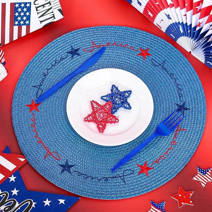 Whaline 4Pcs Round Independence Day Placemats Patriotic Stars Embroidered Place Mats 4th of July Dinner Table Mats for Home Holiday Birthday Party Decor-Ruum Studio Home