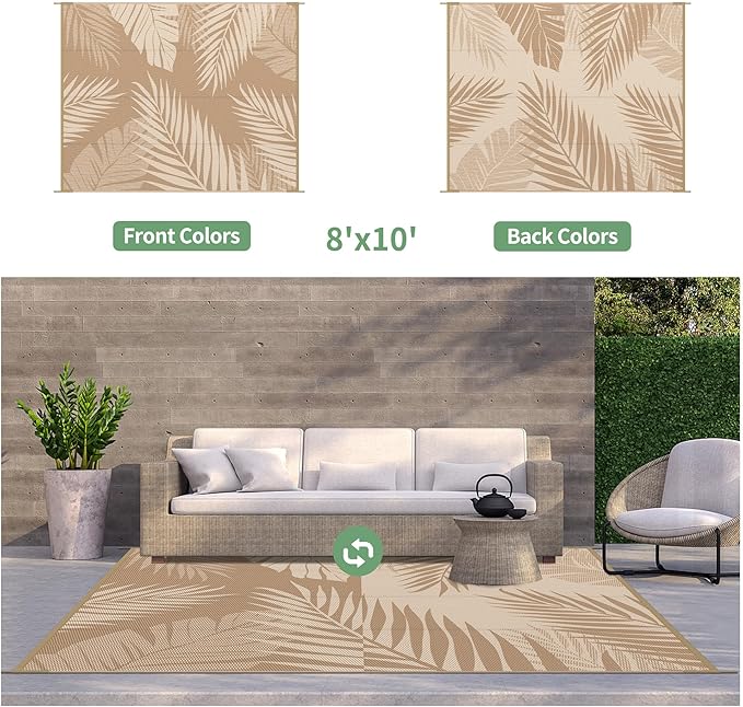 GENIMO Outdoor Rug 8' x 10' Waterproof for Patios Clearance, Reversible Outdoor Plastic Straw Camping Rug Carpet, Large Area Rugs Mats for RV, Camper, Deck, Balcony, Porch, Beach, Picnic, Brown&Beige-Ruum Studio Home