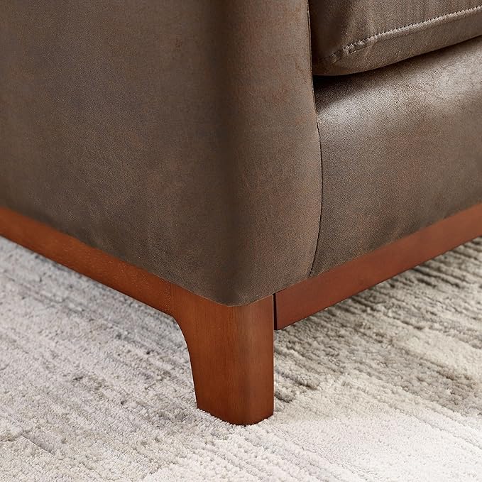 Extra Deep Accent Chair, Comfy Fabric Armchair with Wood Base, Upholstered Single Sofa Chair for Living Room & Bedroom, Faux Leather Dark Brown-Ruum Studio Home