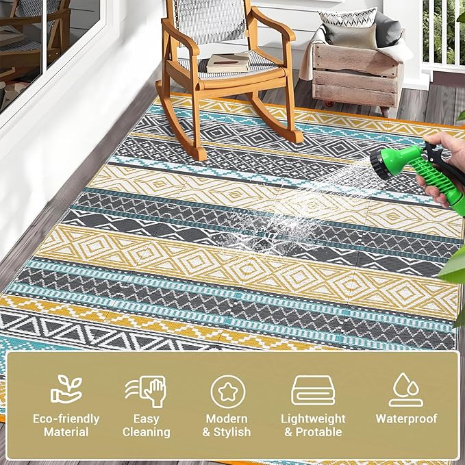 GAOMON Outdoor Rugs Patio Camping Waterproof Rug 6'x9' Plastic Straw Patio Rug Portable for Campers, Outside RVs Mat for Patios Clearance, Backyard Porch, Balcony, Teal/Yellow(Bohemia)-Ruum Studio Home