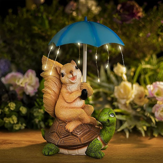 Malister Solar Garden Statue Outdoor Decor - Squirrel Siting on Turtle Statue with String Lights Umbrella for Patio, Garden Decor Garden Art Outdoor Lawn Decor Yard Art, Housewarming Garden Gifts-Ruum Studio Home