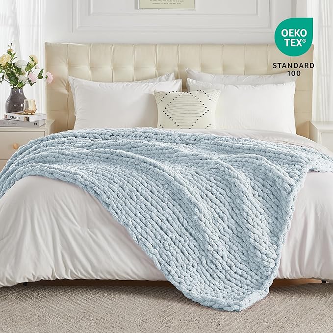 Carriediosa Chunky Knit Throw Blanket 60" X 80" Twin, 100% Hand Made Large Chenille Loop Yarn Soft Fluffy Throws for Couch Sofa Bed, Big Crochet Cozy Heavy Thick Cable Woven Blanket, Light Blue-Ruum Studio Home