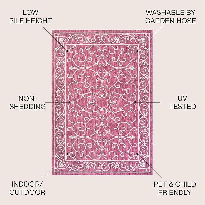 JONATHAN Y Vintage Filigree Indoor Outdoor Area Rug 8X10 Fuchsia/Light Gray, Charleston Textured Weave for Backyard, Patio, Porch, Easy-Cleaning, High Traffic, Pet-Friendly, Non-Shedding (SMB106J-8)-Ruum Studio Home