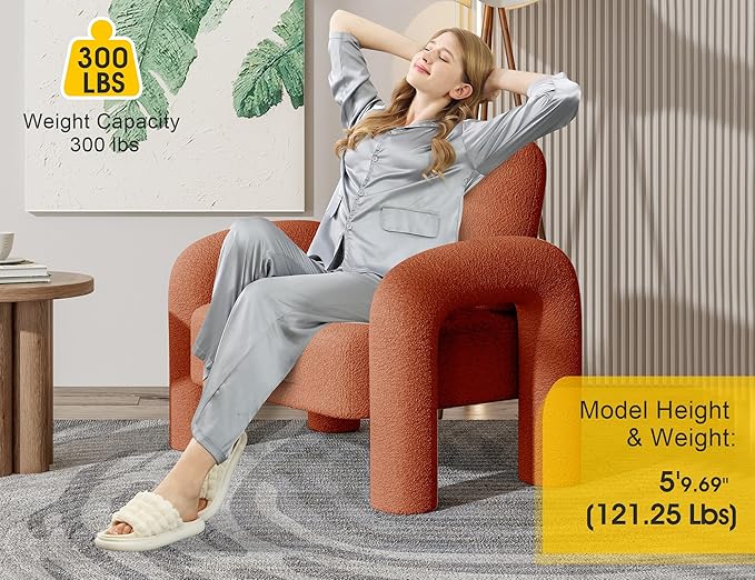 Modern Sherpa Accent Chair, Teddy Upholstered Arm Single Sofa, Cozy Fluffy Reading Chair for Living Room, Bedrooms, Corner (Orange)-Ruum Studio Home