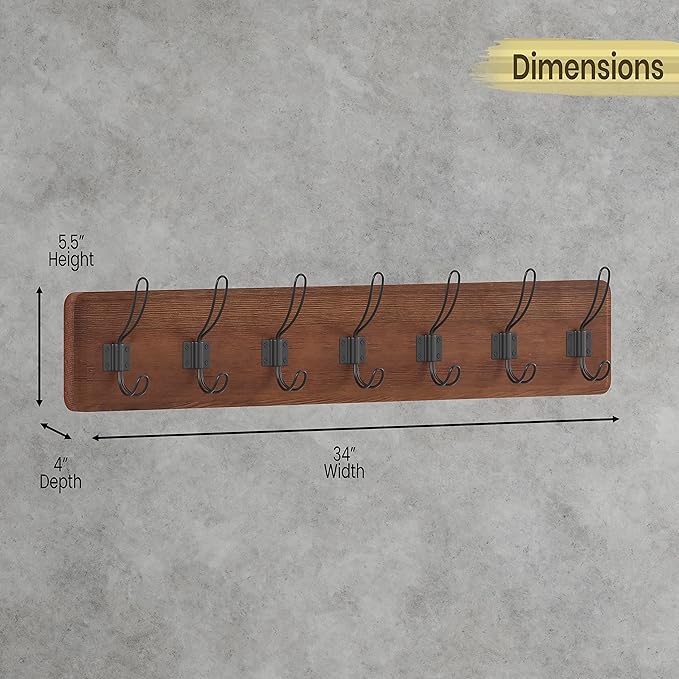 HBCY Creations Rustic Brown Solid Wood Wall Mounted Coat Rack with Shelf, 7 Hooks, 34" Long - Kitchen, Mudroom, Entryway, Bathroom - Includes Mounting Hardware, Coat Hanger, Dog Leash Hooks-Ruum Studio Home