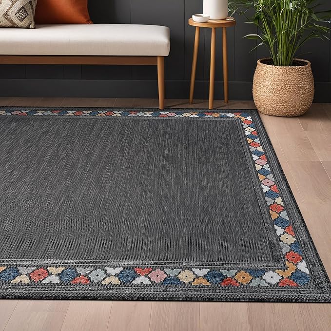 Beverly Rug Outdoor Rug 4x6 Modern Bordered Area Rugs for Indoor and Outdoor Patio Easy to Clean Non Shedding Living Room Porch Garden Washable Outside Carpet (4 x 6 Dark Gray)-Ruum Studio Home