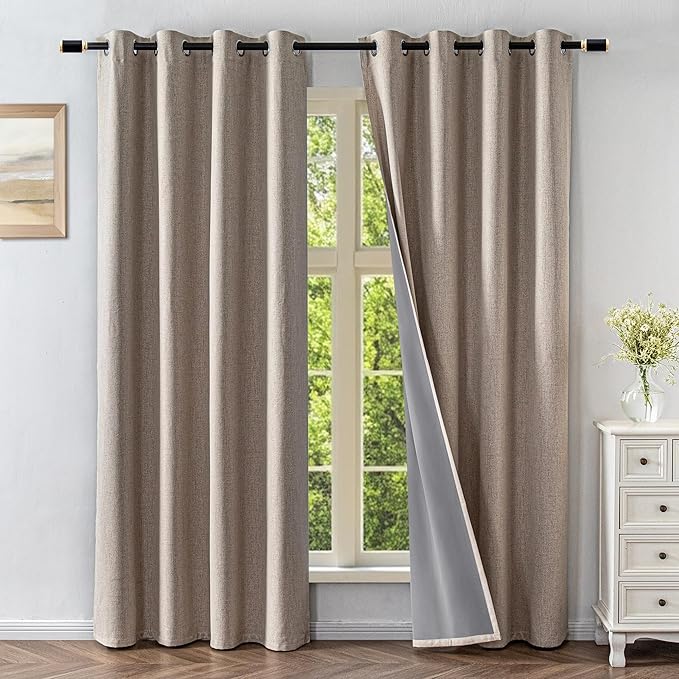 Linen Curtains 90 Inch Length 2 Panels Set, 100% Blackout Curtains Textured Thermal Insulated, Grommet Light Blocking Drapes for Living Room Bedroom Luxury Decor(52W × 90L inch, Linen)-Ruum Studio Home
