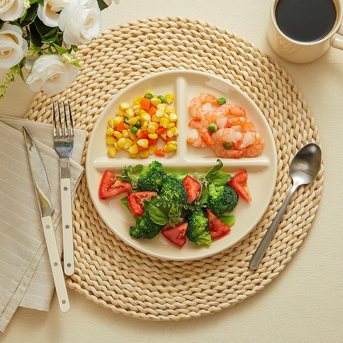 Sweese Set of 2 Porcelain Divided Dinner Plates, Beige High-Grade Durable Professional, 9 Inches, 2.0 Count-Ruum Studio Home