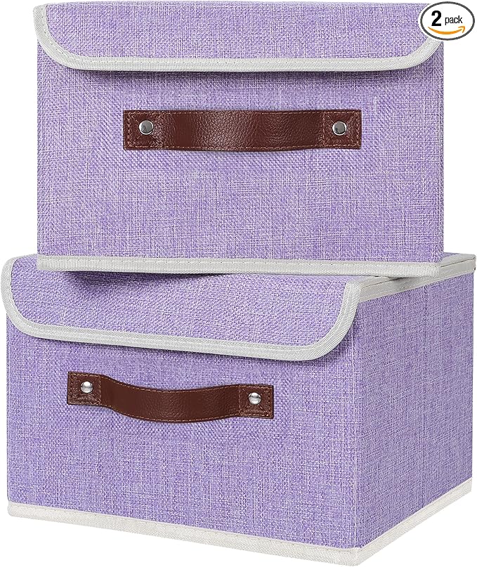 ANMINY 2PCS Storage Bins with Lid PU Leather Handles Storage Boxes PP Plastic Board Decorative Foldable Lidded Cotton Linen Fabric Home Cubes Baskets Closet Organizer Containers - Purple, Small Size-Ruum Studio Home