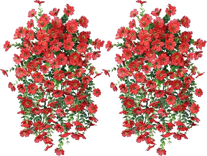 INSPRING Artificial Faux Outdoor Outside Flowers Plants, 2 PCS Fake Silk UV Resistant Look Real Red Daisy Trailing Vines for Front Door Porch Planter Urn Patio Balcony Decoration-Ruum Studio Home
