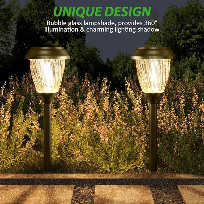 XMCOSY+ Solar Pathway Lights Outdoor, 10/25 LM in 2 Lighting Modes, Glass Stainless Steel Waterproof Outside Solar Powered Garden LED Lights for Yard Lawn Driveway Walkway Landscape Decor(Warm White)-Ruum Studio Home