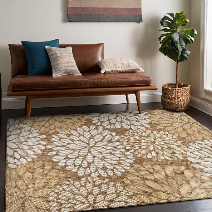 Beverly Rug Outdoor Rug 8x10 Modern Exotic Tropical Leaf Area Rugs for Indoor and Outdoor Patio Deck Porch Garden Water Resistant Washable Outside Carpet (8 x 10 Wooden)-Ruum Studio Home