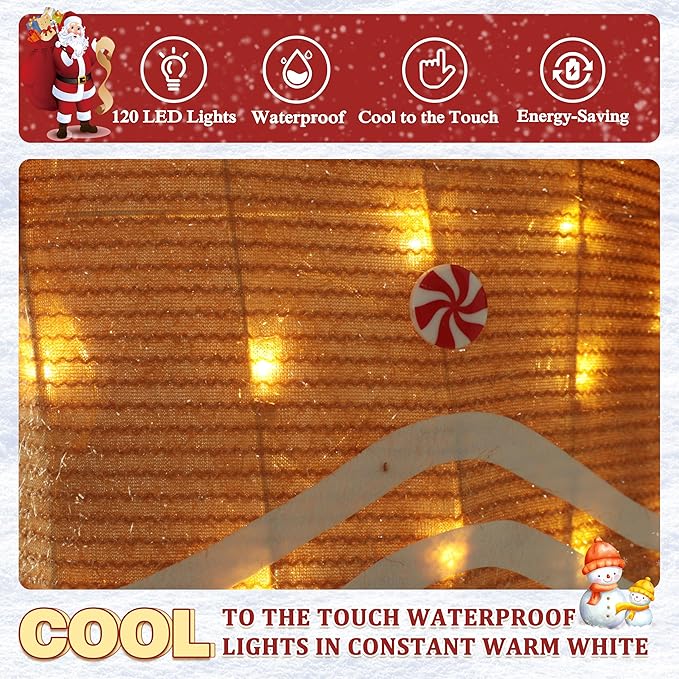 5FT Gingerbread Man with Candy Cane and Gift Box Decoration, 2.5D Pre-Lit Gingerbread Man Decor with 120 LED Lights for Christmas, Freestanding Glittered Holiday Display for Outdoor, Indoor-Ruum Studio Home