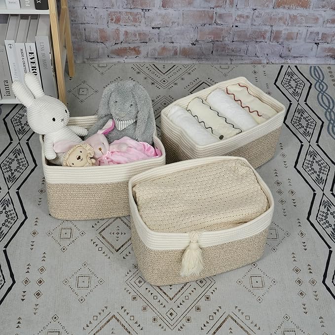 Cotton Rope storage Basket Bins Woven Basket for Organizing Shelves Rectangle Decorative Baskets For storage Clothes Toys Books Towels Square Wicker Nursery basket organizer 3 pack white and brown-Ruum Studio Home