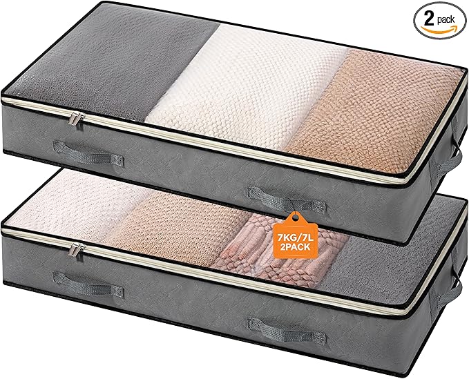 storageLAB Under Bed Storage Containers - Foldable Closet Organizer with Clear Top, Sturdy Handles - 7L Capacity Storage Box for Clothing, Comforter, Blanket, and Shoe - 2 Pack, Soft-Sided, Gray-Ruum Studio Home