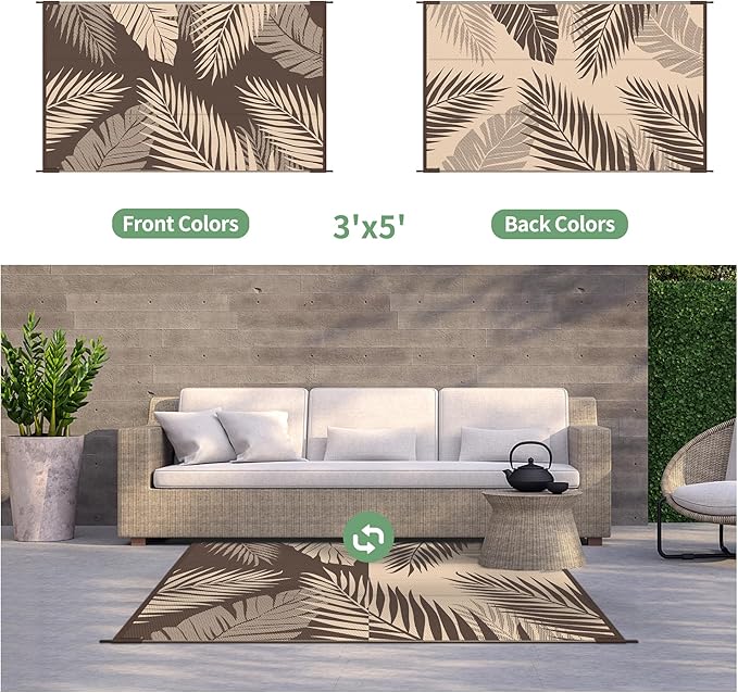 GENIMO Outdoor Rug 3' x 5' Waterproof for Patios Clearance, Reversible Outdoor Plastic Straw Camping Rug Carpet, Large Area Rugs Mats for RV, Camper, Deck, Balcony, Porch, Beach, Coffee&Beige-Ruum Studio Home