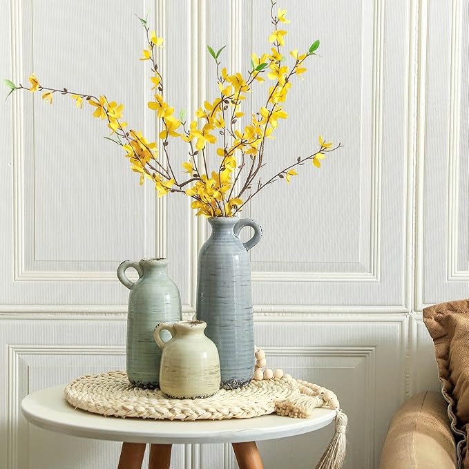 Ceramic Vase Set of 3 | Neutral Vase Home Decor with Handle | Pottery Modern Farmhouse Vases Pampas Grass Flower Vases for Home Decor Table Living Room Centerpieces Mantel Decor - Multicolor-Ruum Studio Home