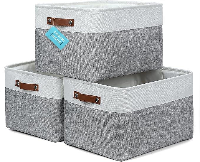 OrganiHaus Extra Large Fabric Storage Baskets for Shelves 3 Pack | 16x13in Closet Storage Bins for Shelves | Cloth Baskets for Organizing | Linen Closet Organizers | Fabric Storage Bin - Gray/White-Ruum Studio Home