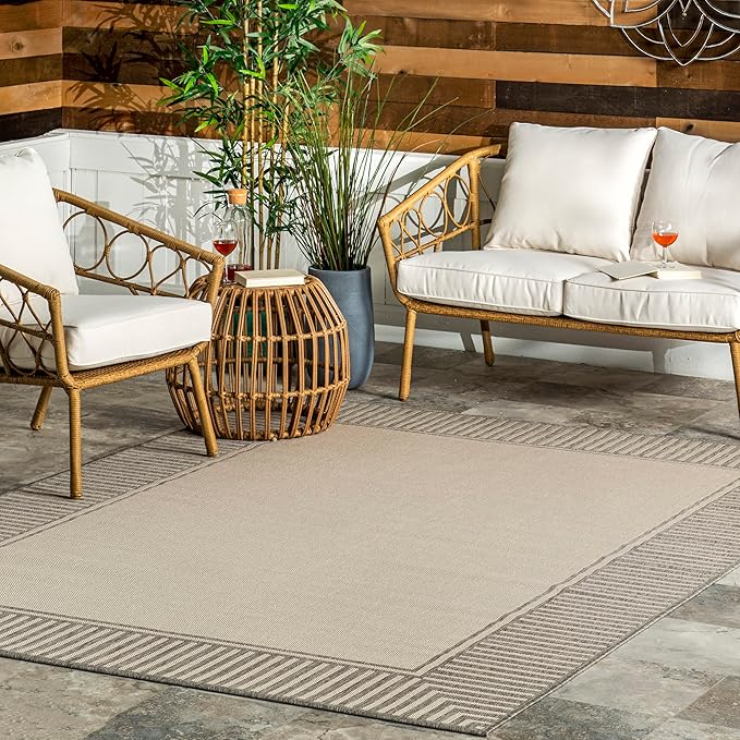 nuLOOM 5' x 8' Outdoor Area Rug, Casual Design With Striped Border, Stain Resistant, Highly Durable, For Patio, Balcony, Bedroom, Living Room, Dining Room, Bathroom, Light Grey-Ruum Studio Home
