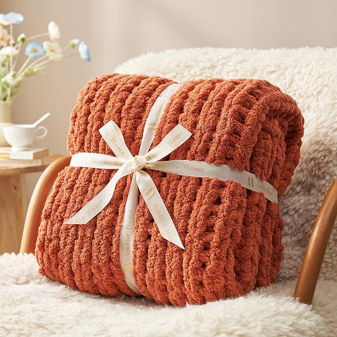 Amélie Home Chunky Knit Throw Blanket for Couch, Soft Chenille Crochet Blanket for Sofa, 50"x60", Burnt Orange-Ruum Studio Home