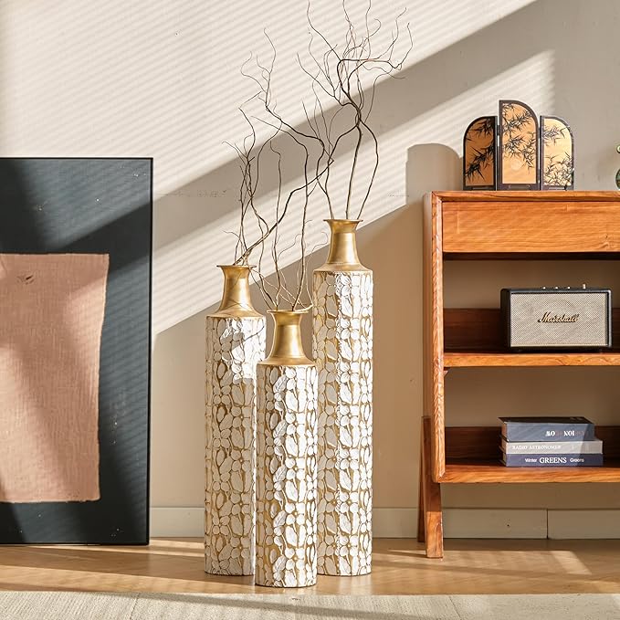 Medhansh Metal Floor Vase, Tall Floor Vase with Gold Twig Pattern, Antique White Finish (Set of 3)-Ruum Studio Home