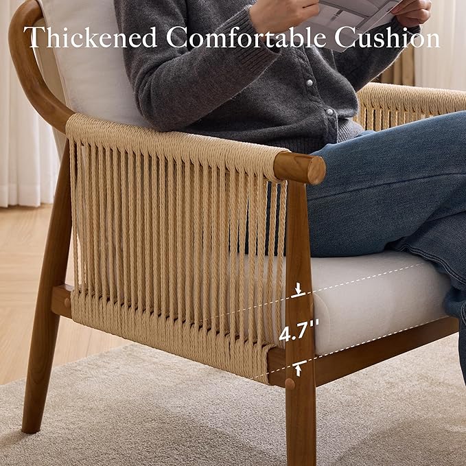 Braid Accent Chair for Living Room Bedroom Reading Room, Rattan Modern Boho Armchair with Solid Wooden Armrest & Frame and Cushions-Ruum Studio Home