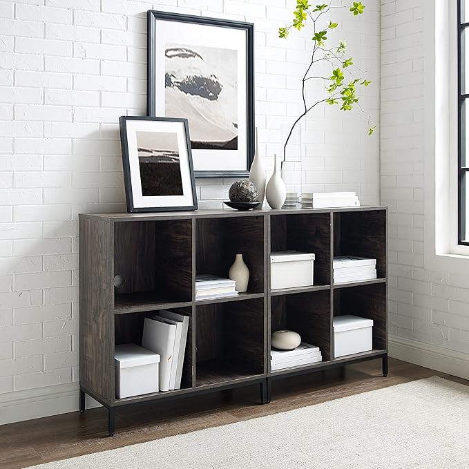 Crosley Furniture Jacobsen 2-Piece Vinyl Record Storage Cube Bookcase Set and Record Player Stand, Brown Ash-Ruum Studio Home