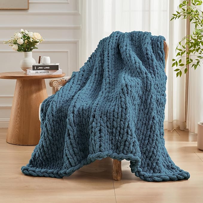 Carriediosa Chunky Knit Throw Blanket 60" X 80" Twin, 100% Hand Made Large Chenille Loop Yarn Soft Fluffy Throws for Couch Sofa Bed, Big Crochet Cozy Heavy Thick Cable Woven Blankets, Lyons Blue-Ruum Studio Home