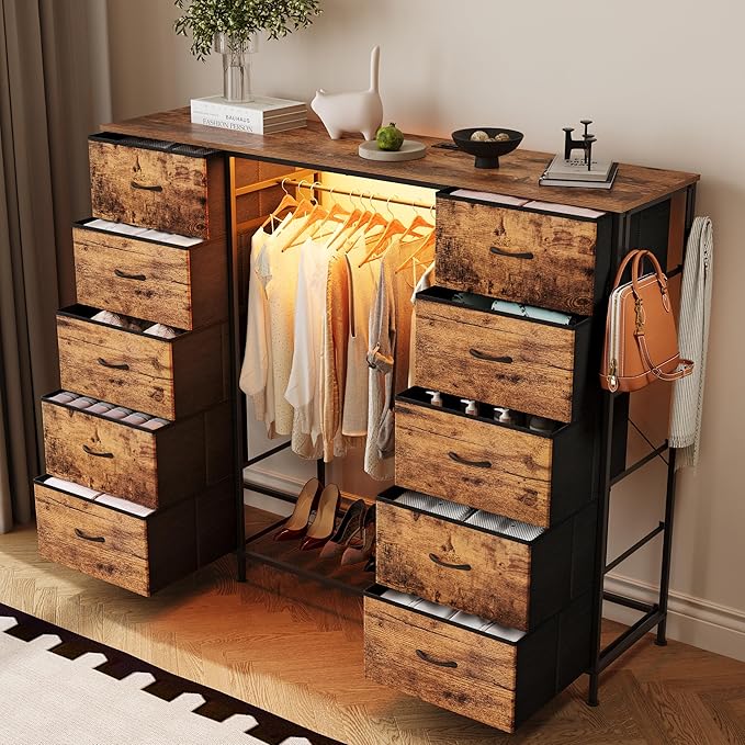LUMTOK 55W 2-in-1 Dresser with Hanging Rack, 10 Drawers Dresser for Bedroom,Dressers with Fabric Drawers,LED Lights, Charging Station and Hanging Racks for Bedroom (Rustic Brown)-Ruum Studio Home
