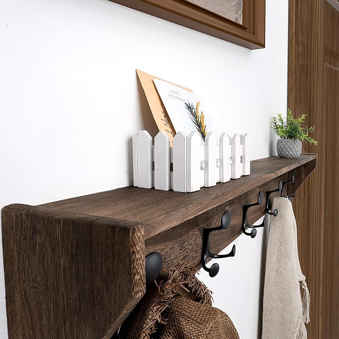 SKOLOO Wall Shelf with Hooks, 24-Inch Weathered Brown Coat Rack Wall Mount with Shelf Organizer - Lightweight & Sturdy, 5 Tri Hooks - Perfect for Entryway, Hallway, Living Room, Bedroom, Mudroom-Ruum Studio Home