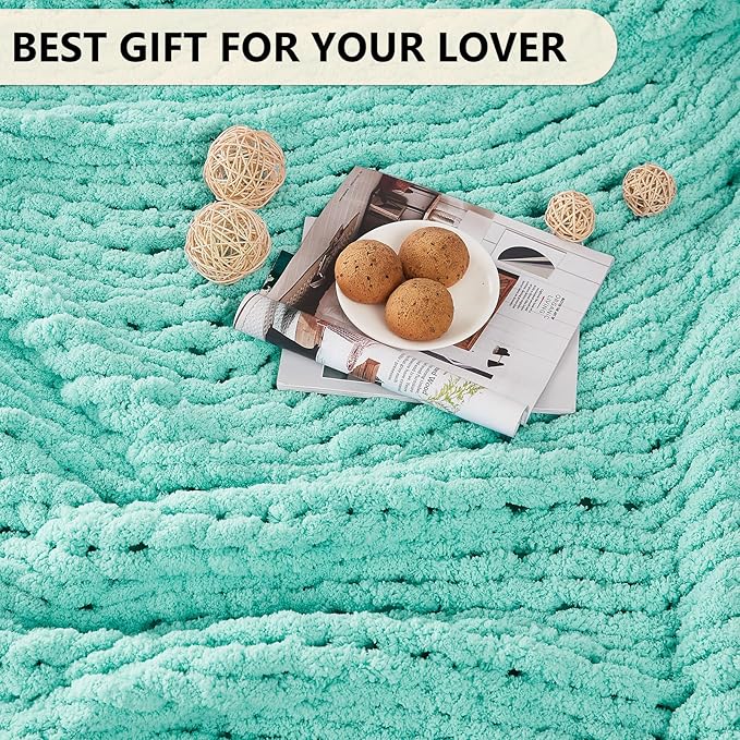L'AGRATY Chunky Knit Blanket Throw: 60''x80'' Chenille Chunky Knitted Throw Blanket for Bed Couch - Handmade Thick Big Cable Knit Blanket - Large Crochet Rope Blanket for Home Decor(Lake Blue)-Ruum Studio Home