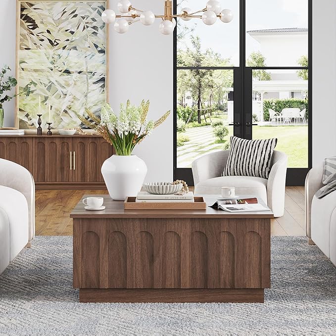 Lift Top Coffee Table with Storage, Mid Century Modern Coffee Table with Arched Design, 31.5" Square Tea Table with Wood Grain, Multifunctional Center Table for Living Room, Office, Walnut-Ruum Studio Home