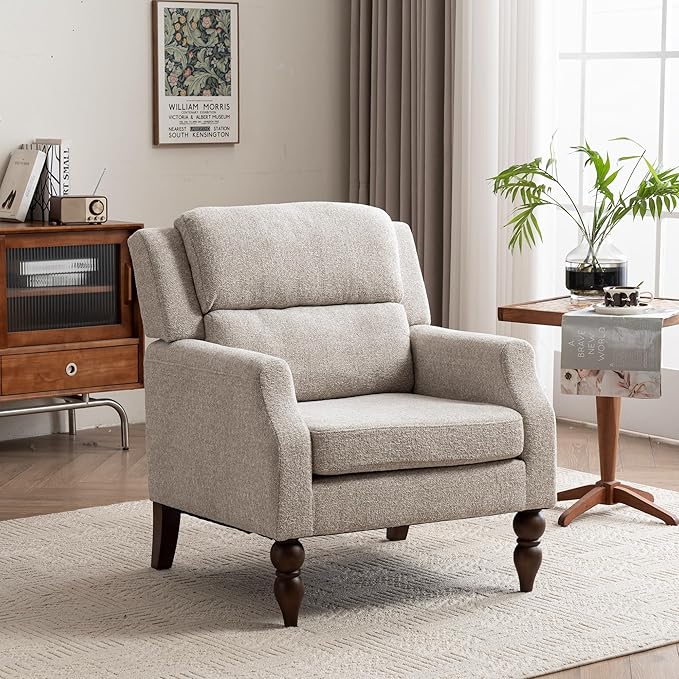 Kidol & Shellder Oatmeal Oversized Accent Chair for Living Room Mid Century Modern Reading Chair with Back Wide Upholstered Comfy Single Sofa Chair Bedroom Lounge Side Corner Boucle Fabric Armchair-Ruum Studio Home