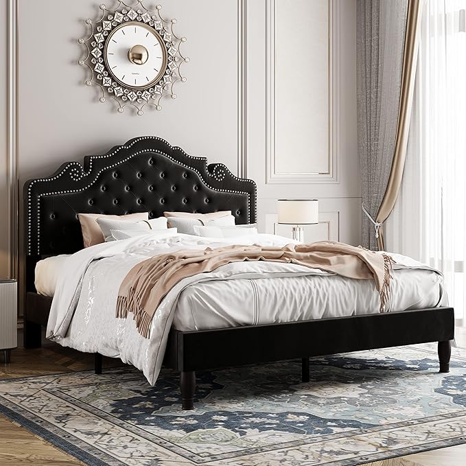 Allewie Queen Velvet Bed Frame with Adjustable Headboard, Wooden Slats, No Box Spring Needed, Easy Assembly, Black-Ruum Studio Home