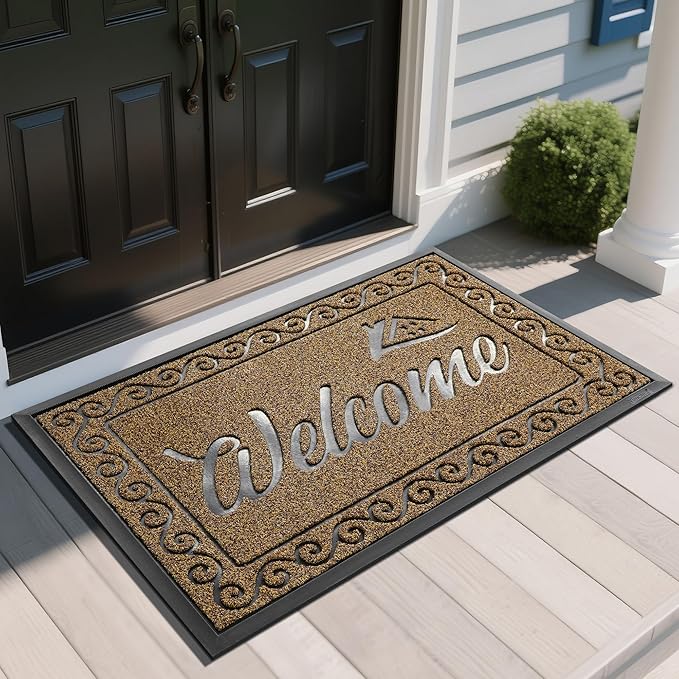 Yimobra Welcome Mat, Heavy Duty Sturdy Door Mats for Home Entrance Outdoor Indoor, Front Doormat for Outside Patio Floor Entry Porch Garage Office, Waterproof, Low Profile, 47X32 Inches, Beige Brown-Ruum Studio Home