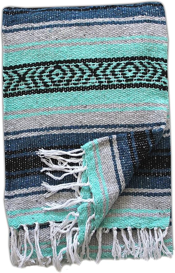 Del Mex Classic Mexican Blanket, Large Authentic Woven Falsa Throw (70"x50"), Artisan Southwest Décor for Beach, Yoga, Outdoors (Navy/Mint)-Ruum Studio Home