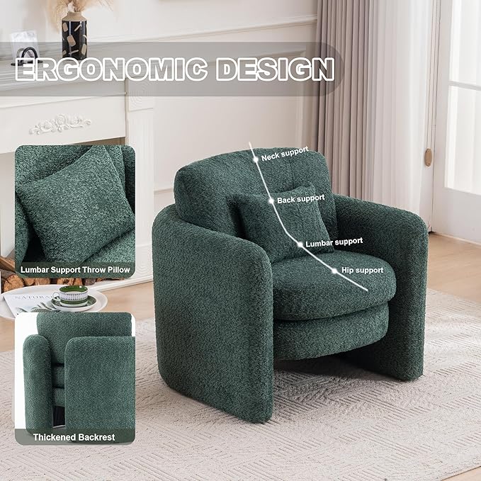 Chenille Accent Armchair Oversize Upholstered Barrel Comfy Modern Round Lounge Chair with Pillow Cozy Reading Chairs for Apartment,Office,Living Room,Dining,Makeup,Club,Green-Ruum Studio Home