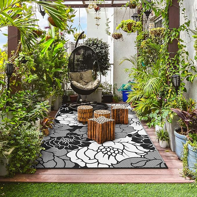 GENIMO Outdoor Rug Waterproof for Patio Decor, 8' x 10' Reversible Plastic Straw Floral Camping Carpet, Large Area Rugs Mats for RV, Camper, Deck, Balcony, Porch, Beach, Picnic, Mix-Black & White-Ruum Studio Home