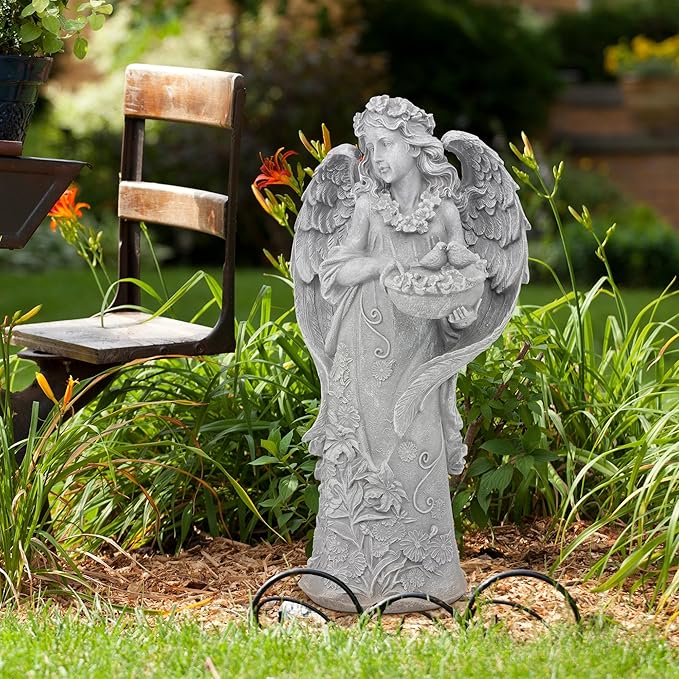 Outdoor Statues Angel Décor Garden Statue- 23.5" H Angel Statue,Resin Angel with Bird Figurine, Ideal for Yard, Patio, Deck, Home Entryway, and Hallway（Grey）-Ruum Studio Home