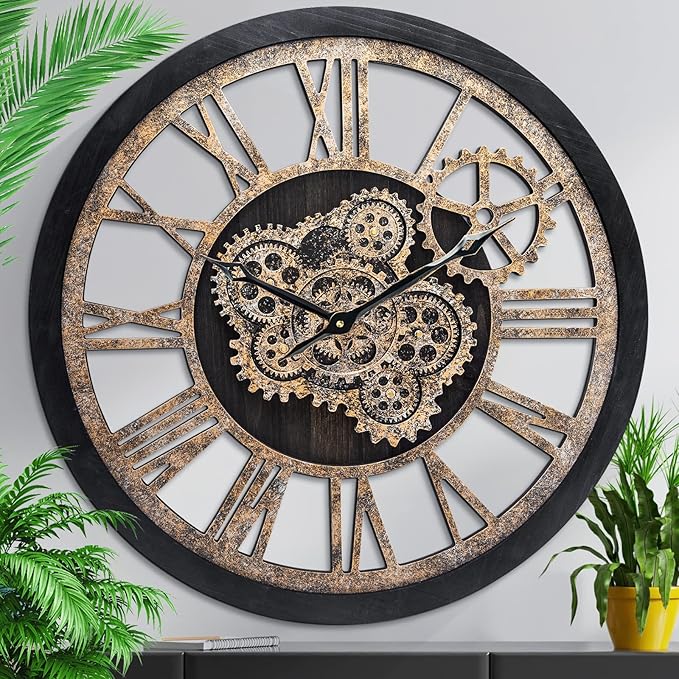 HOIBAI Large Wall Clock, 24 Inch Wall Clocks for Living Room Decor Farmhouse Vintage Rustic Kitchen Wall Decor Vintage Roman Big Oversized Wall Clock for Home Bedroom House Office, Moving Gears Clock-Ruum Studio Home