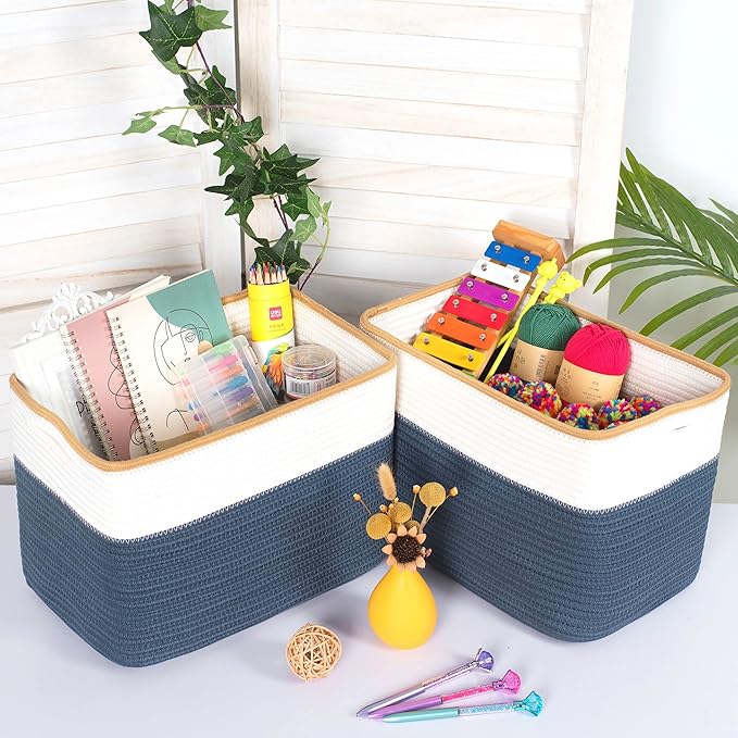 MINTWOOD Design 3-Pack Storage Baskets for Shelves, Playroom and Classroom Storage Basket, Book Basket, Decorative Storage Cube Bins, Woven Closet Organizers, Pantry and Shoe Organizer, Prussian Blue-Ruum Studio Home
