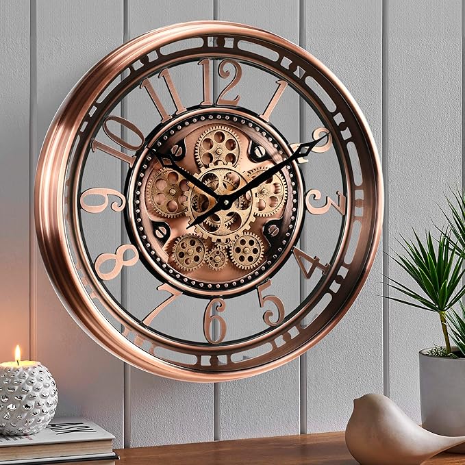CLXEAST 21 Inch Moving Gear Wall Clock for Modern Farmhouse Living Room Decor,Large Industrial Steampunk Wall Clock for Home Office,Metal Copper Finished,House Warming Gifts New Home-Ruum Studio Home