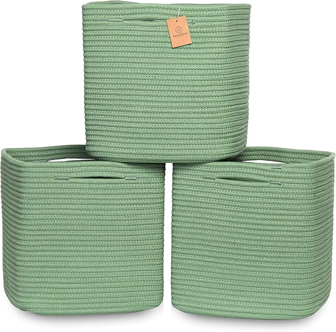 NaturalCozy 13 Inch Cube Storage Bins Cotton Rope Woven Baskets for Organizing 3-Pack | 13 x 13 Storage Cubes | Fabric Square Storage Baskets for Shelves Organizer, Kids Toy Bins, Closet Baby Nursery-Ruum Studio Home