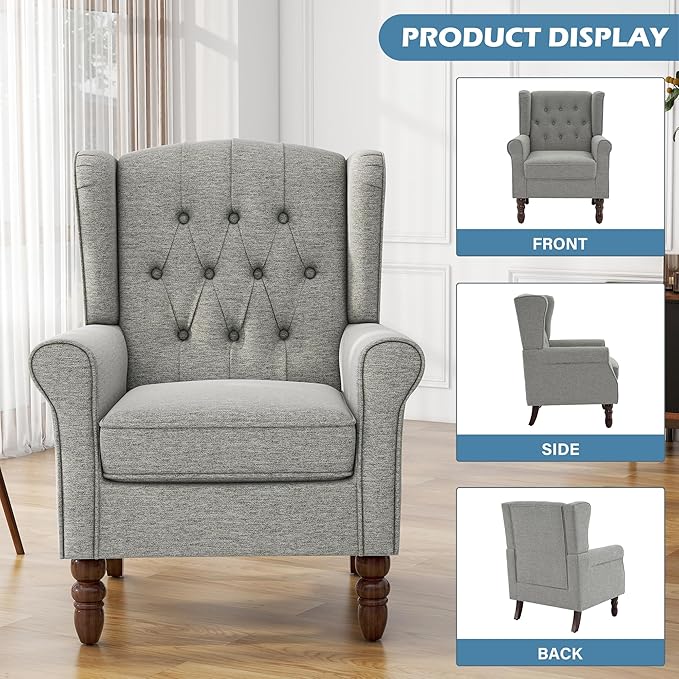 UIXE High Back Accent Chairs Set of 2, Upholstered Armchair in Fabric, Retro Wingback Arm Chair for Living Room, Comfy Single Sofa Bedroom Reading Seat with Solid Wood Legs - Light Gray-Ruum Studio Home