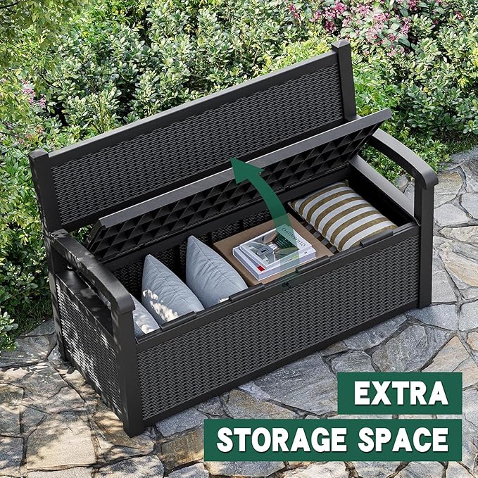 70 Gallon Lockable Outdoor Storage Bench Waterproof, Deck Box Bench for Patio, Porch, Garden, Poolside, Stores Tools & Pool Supplies, Heavy-Duty Outdoor Bench with Storage, Black-Ruum Studio Home