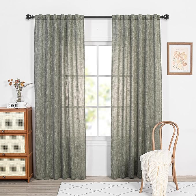MYSKY HOME Short Curtains for Bedroom Semi Sheer Light Filtering Privacy Drapes for Small Window Linen Look Textured Boho Home Decor Backdrop Curtain for Parties, 50" x 63", Olive Green, 2 Panels-Ruum Studio Home