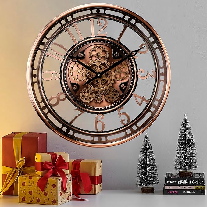 CLXEAST 21 Inch Moving Gear Wall Clock for Modern Farmhouse Living Room Decor,Large Industrial Steampunk Wall Clock for Home Office,Metal Copper Finished,House Warming Gifts New Home-Ruum Studio Home