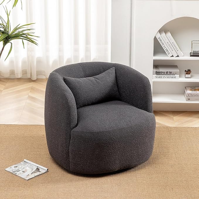 KINWELL 34" Wide Boucle Swivel Barrel Chair, No Assembly Round Upholstered Armchair Accent Chair Single Sofa Chair with Toss Pillow for Living Room and Bedroom, Dark Grey-Ruum Studio Home
