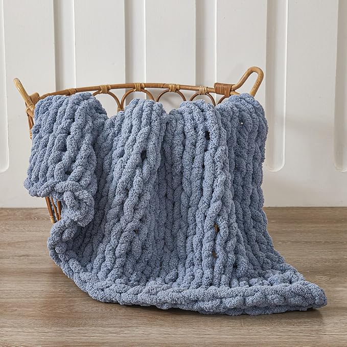 WESHIONGOO Chunky Knit Blanket Throw 40"×40" Knitted Throw Blankets for Couch Bed Fluffy Soft Blanket with Jumbo Chenille Yarn Thick 100% Handmade (Dusty Blue)-Ruum Studio Home
